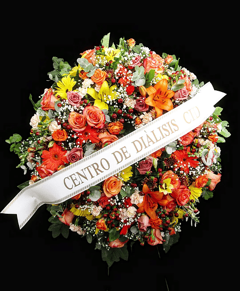 Corona de condolencias en atril y cinta impresa