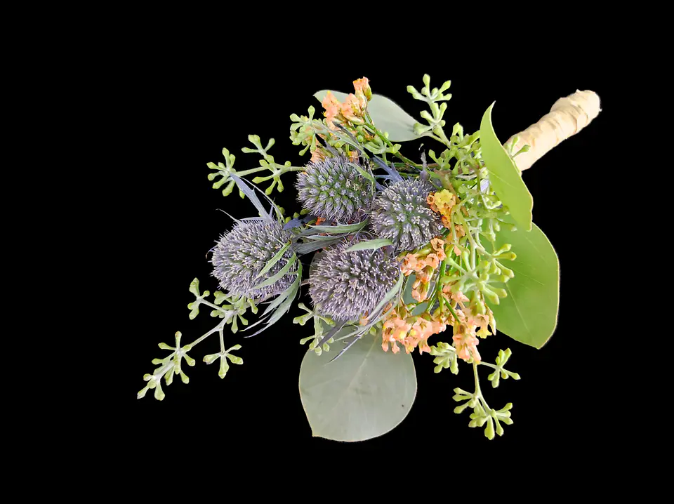 Boutonniere de eringios, eucaliptus y limonium 1