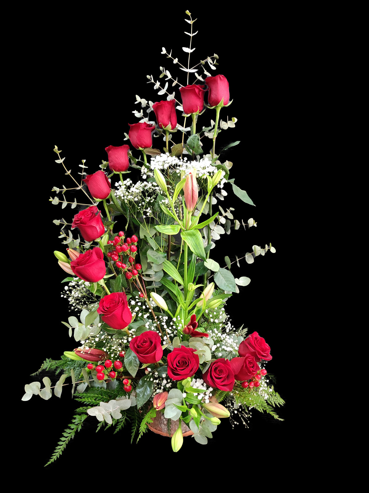 Caracol de 14 rosas rojas en base de tronco natural  1