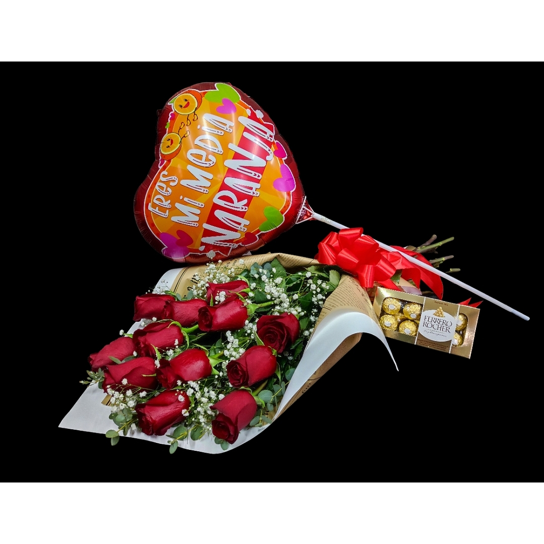 Ramo tendido de 12 rosas rojas, bombones y globo 1
