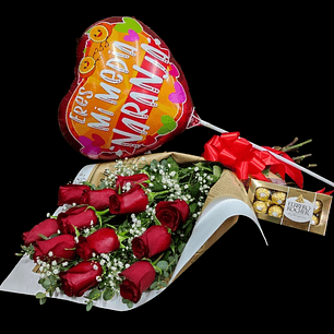 Ramo tendido de 12 rosas rojas, bombones y globo