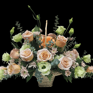 Cesta ovalada de rosas pastel y lisianthus 