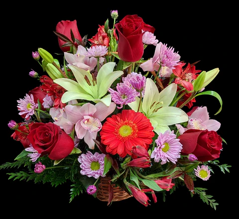 Cesta redonda de rosas rojas y orquídeas Cymbidium 