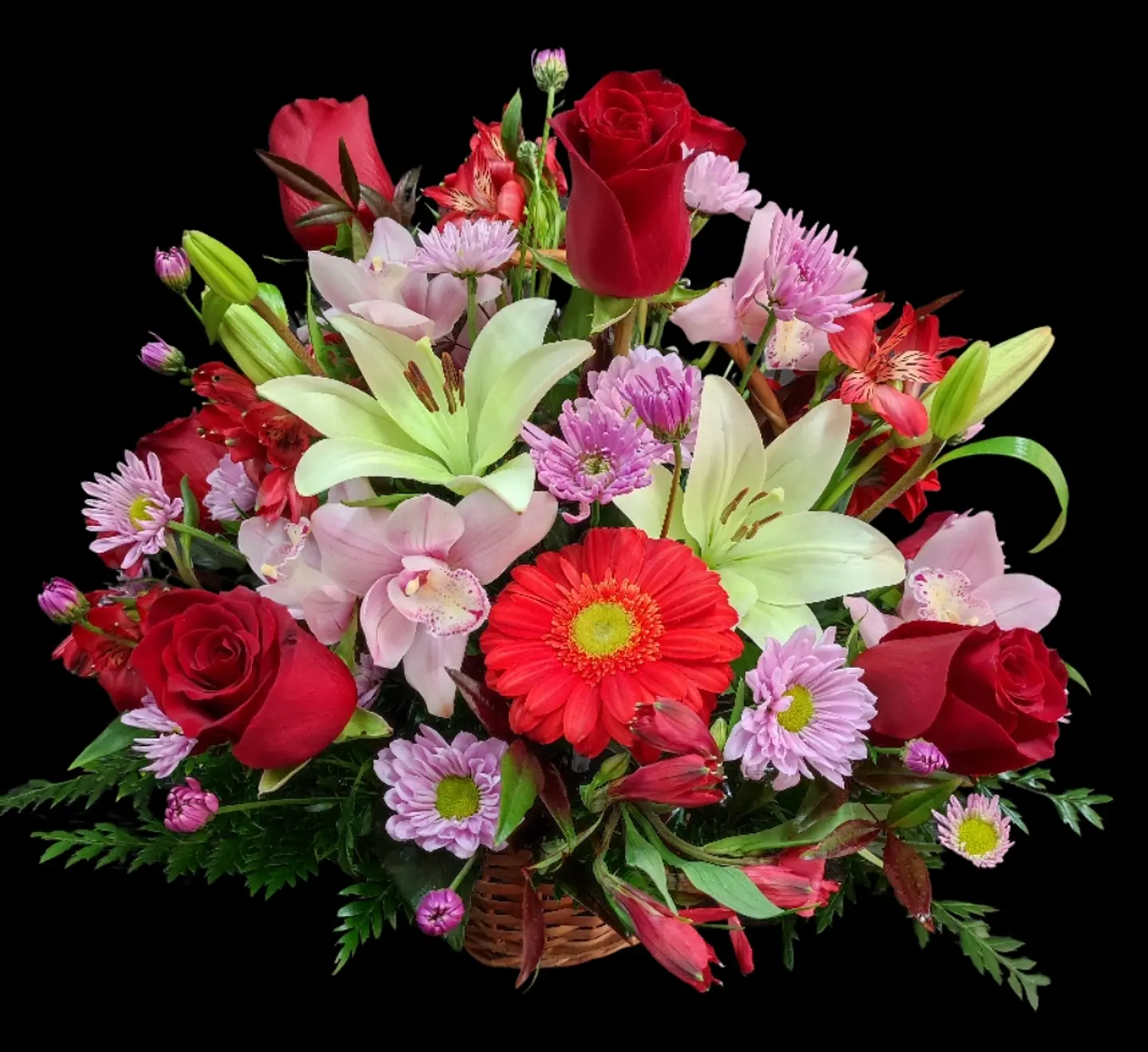 Cesta redonda de rosas rojas y orquídeas Cymbidium  1