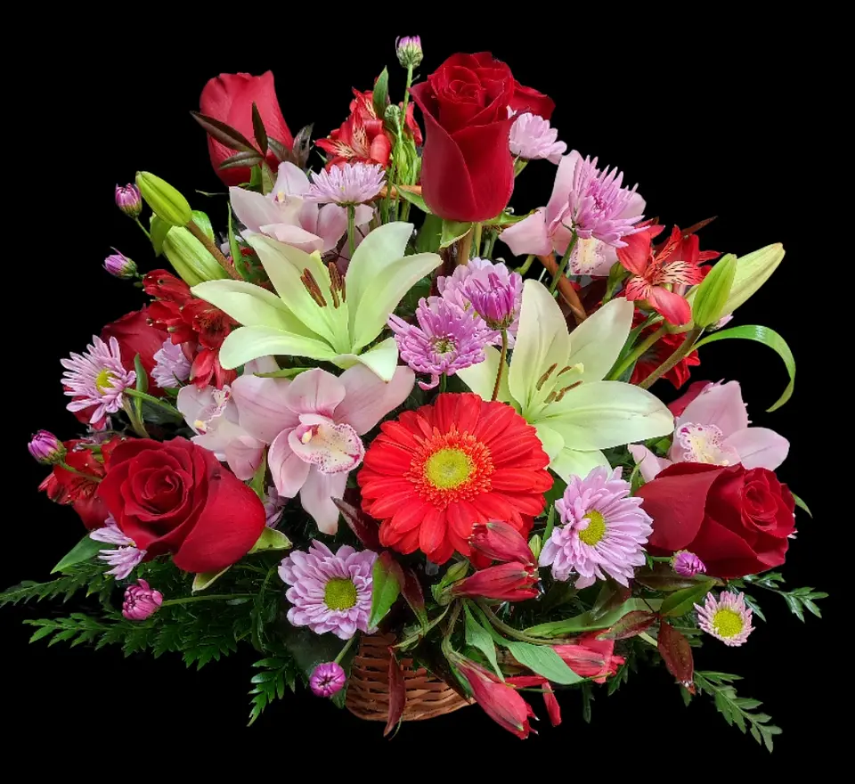 Cesta redonda de rosas rojas y orquídeas Cymbidium  1