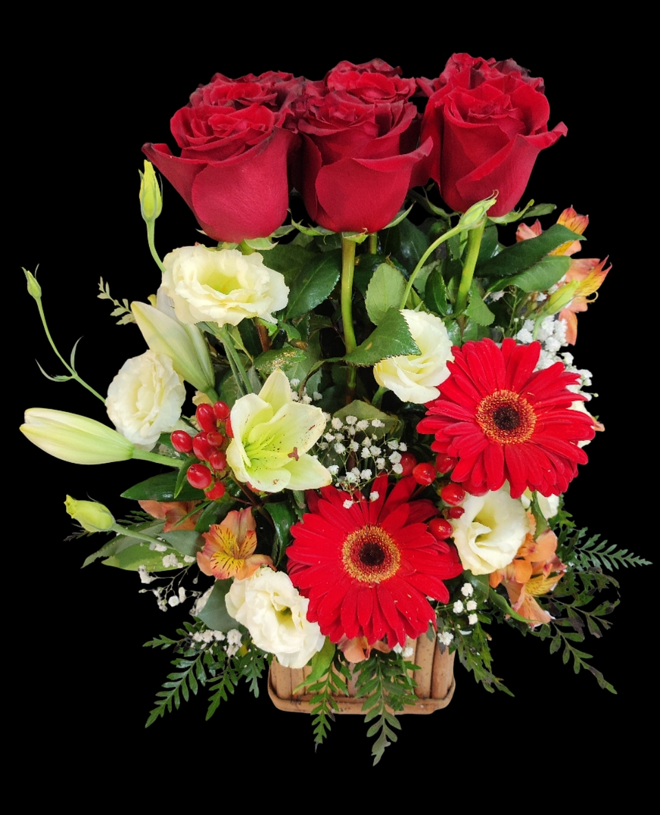 Maceta de rosas rojas en madera  1