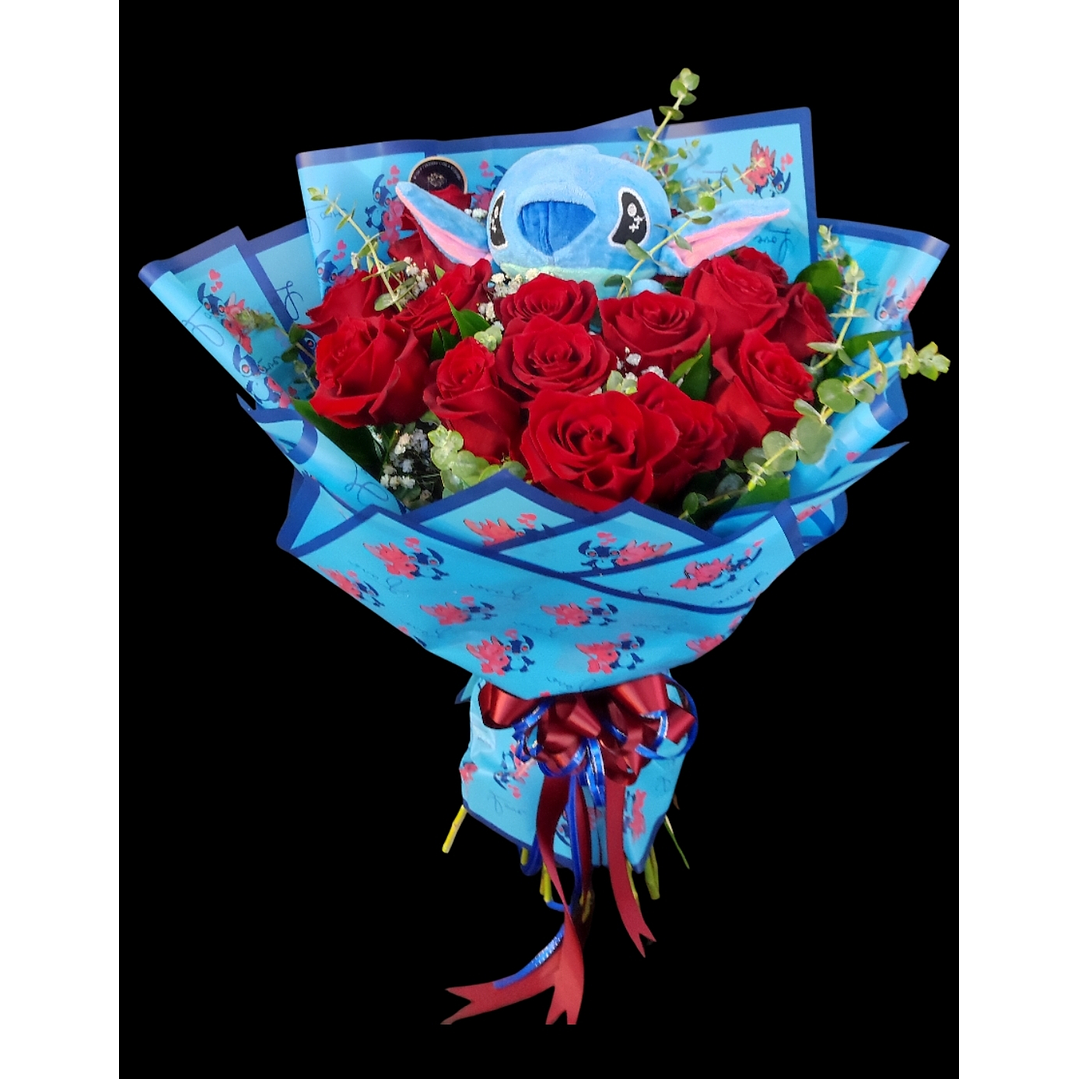 Ramo de 20 rosas rojas y Stitch azul 1