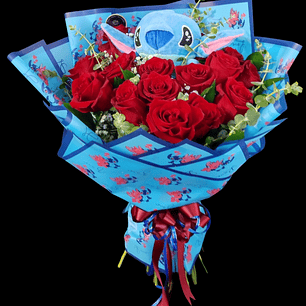 Ramo de 20 rosas rojas y Stitch azul