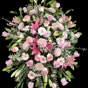 Gran medallón rosado de condolencias en atril