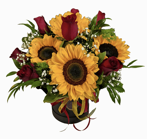 Caja de girasoles y rosas rojas 