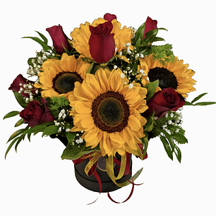 Caja de girasoles y rosas rojas 