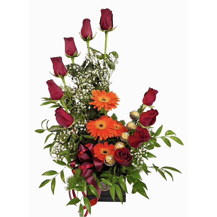 Medialuna de rosas, gerberas  y bombones  1