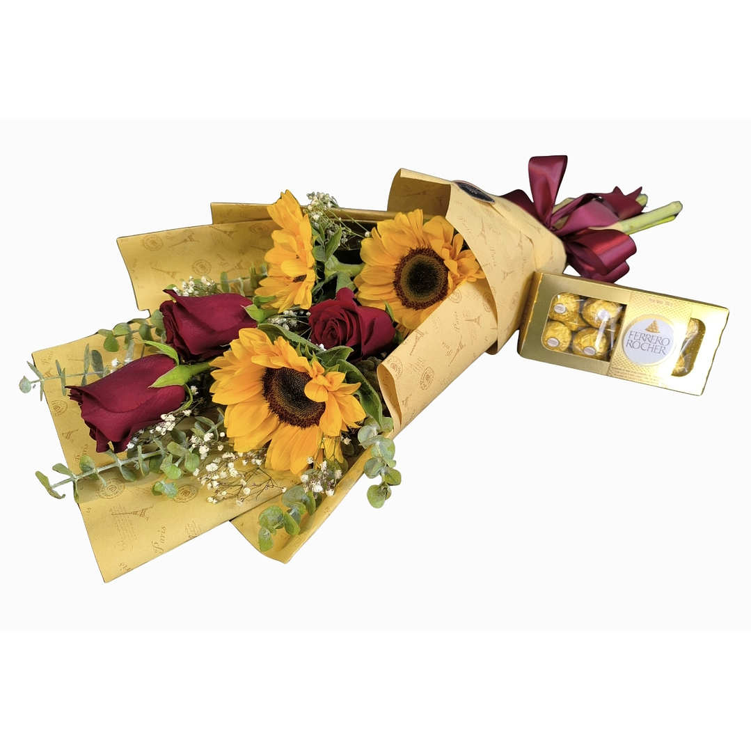 Ramo de rosas, girasoles y bombones  1