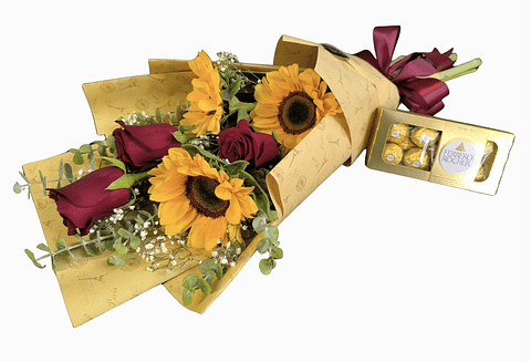 Ramo de rosas, girasoles y bombones 
