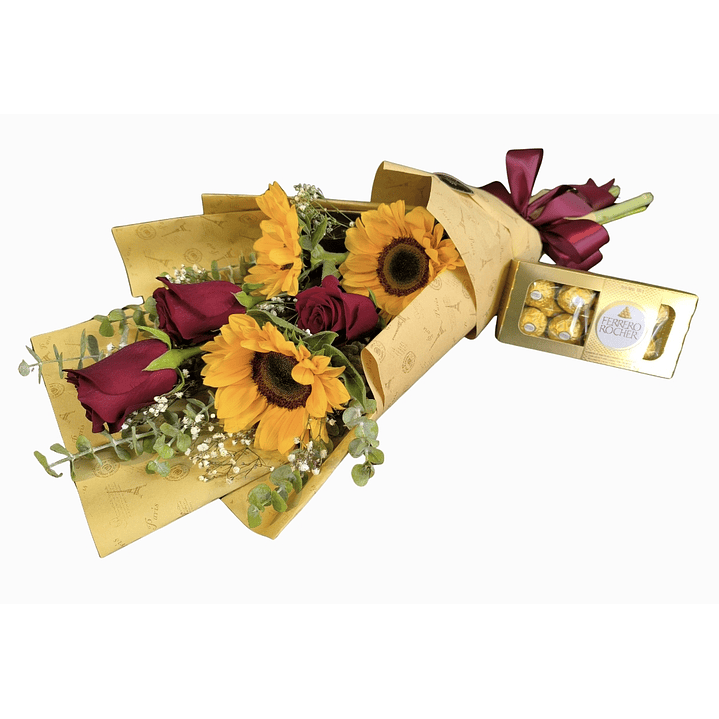 Ramo de rosas, girasoles y bombones  1