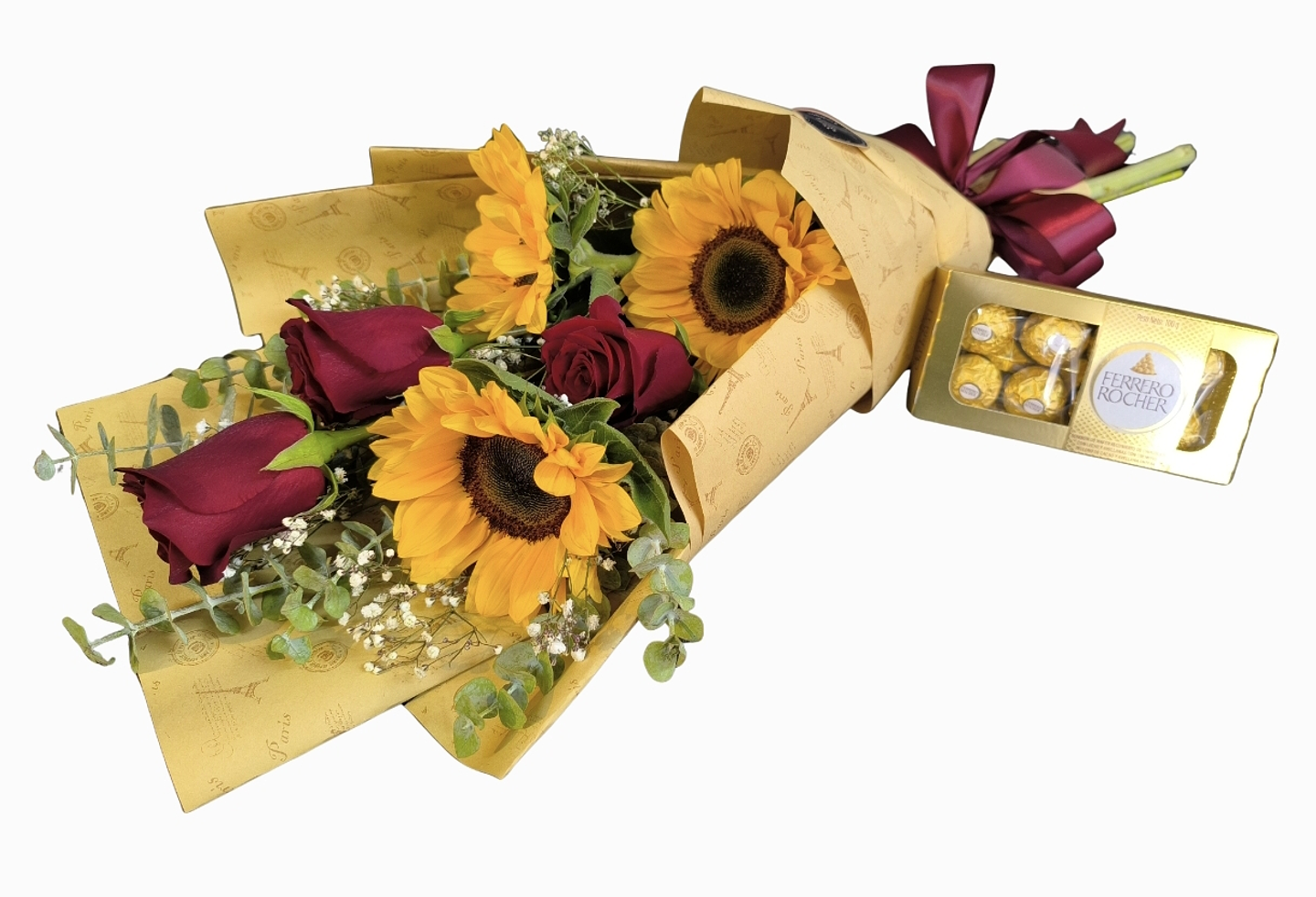 Ramo de rosas, girasoles y bombones  1