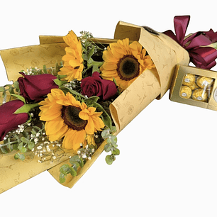 Ramo de rosas, girasoles y bombones 