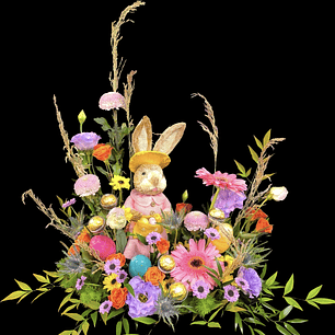 Bosque primavera con conejo de pascua y huevitos  de chocolate 