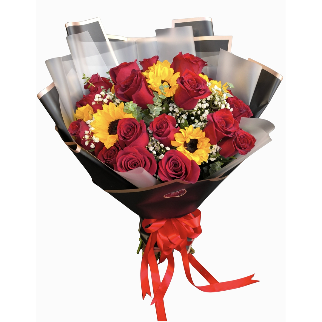 Ramo de rosas rojas y girasoles  1