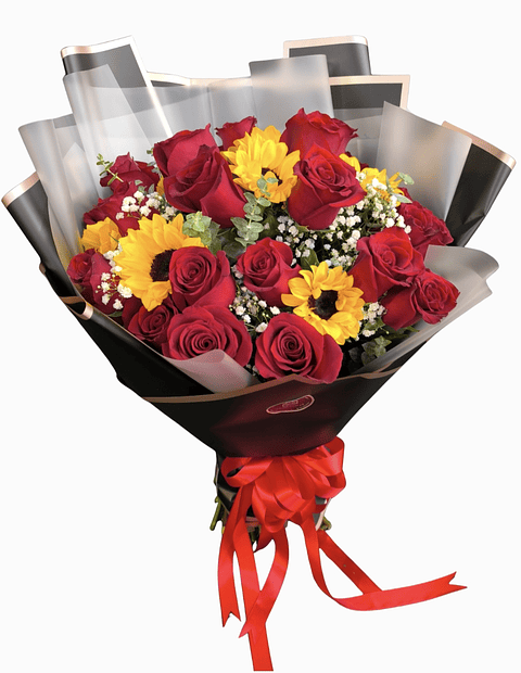 Ramo de rosas rojas y girasoles 
