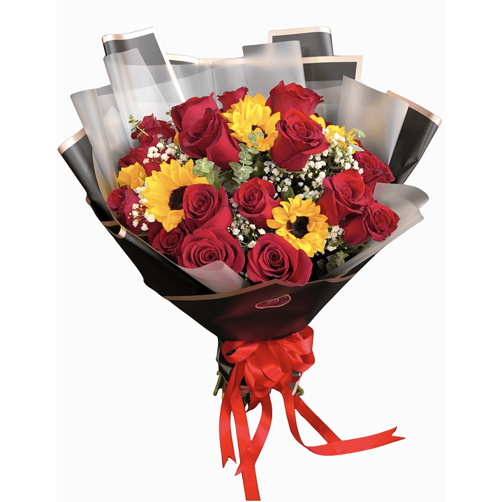 Ramo de rosas rojas y girasoles  1
