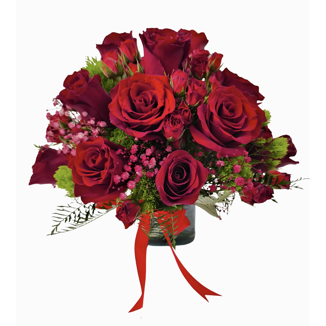 Cubo de rosas rojas y mini rosas  1