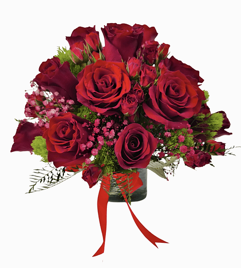 Cubo de rosas rojas y mini rosas 