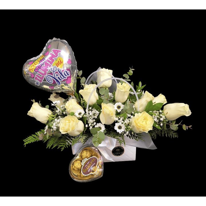 Cartera de rosas blancas, chocolates y globo 1