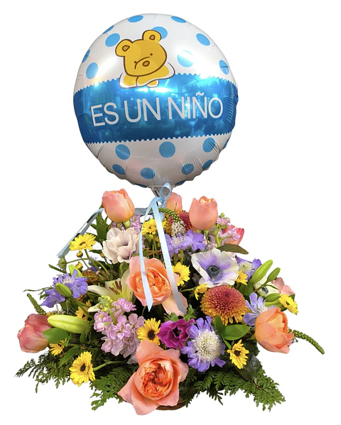 Canasta mixta pastel y globo es Niño