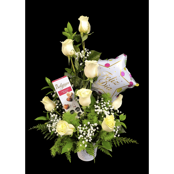 Vertical de rosa blanca con globo y bombones 1