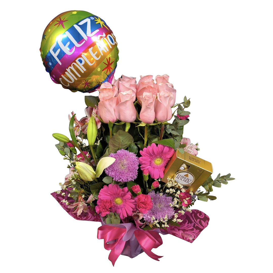 Maceta de 12 rosas rosadas, globo y bombones  1