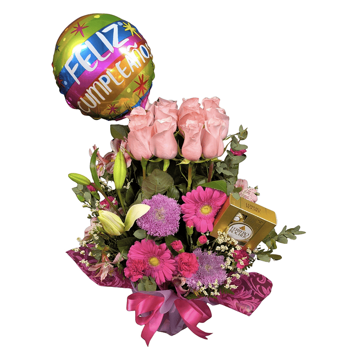 Maceta de 12 rosas rosadas, globo y bombones  1