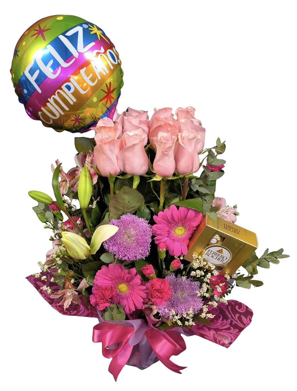 Maceta de 12 rosas rosadas, globo y bombones  1