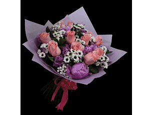 Ramo de 12 rosas y 10 peonías rosadas 