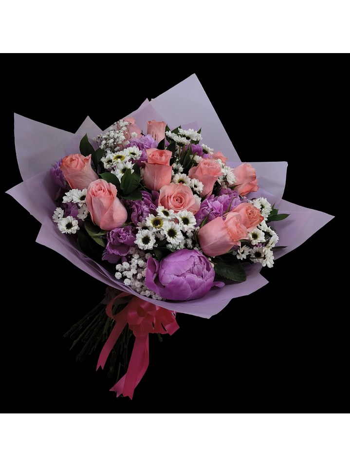 Ramo de 12 rosas y 10 peonías rosadas  1