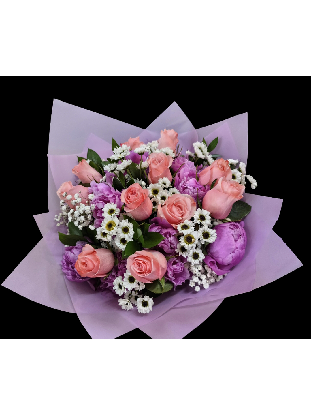 Ramo de 12 rosas y 10 peonías rosadas  2