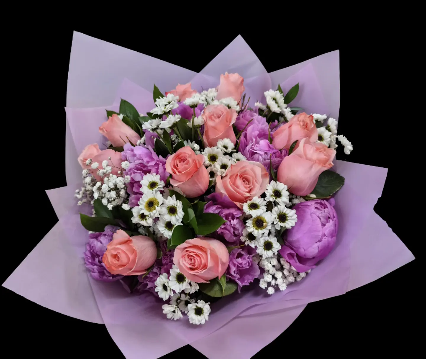 Ramo de 12 rosas y 10 peonías rosadas  2