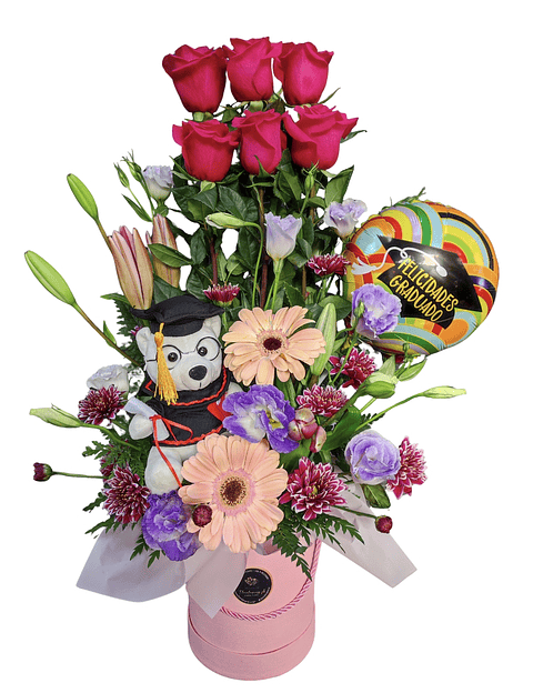 Box paralelo de rosas, oso y globo 