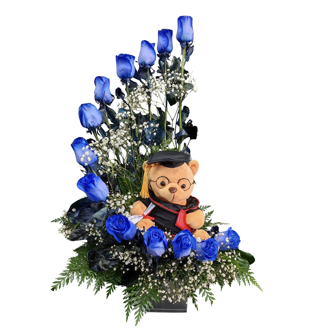 Caracol de rosas azules y peluche de graduación  1