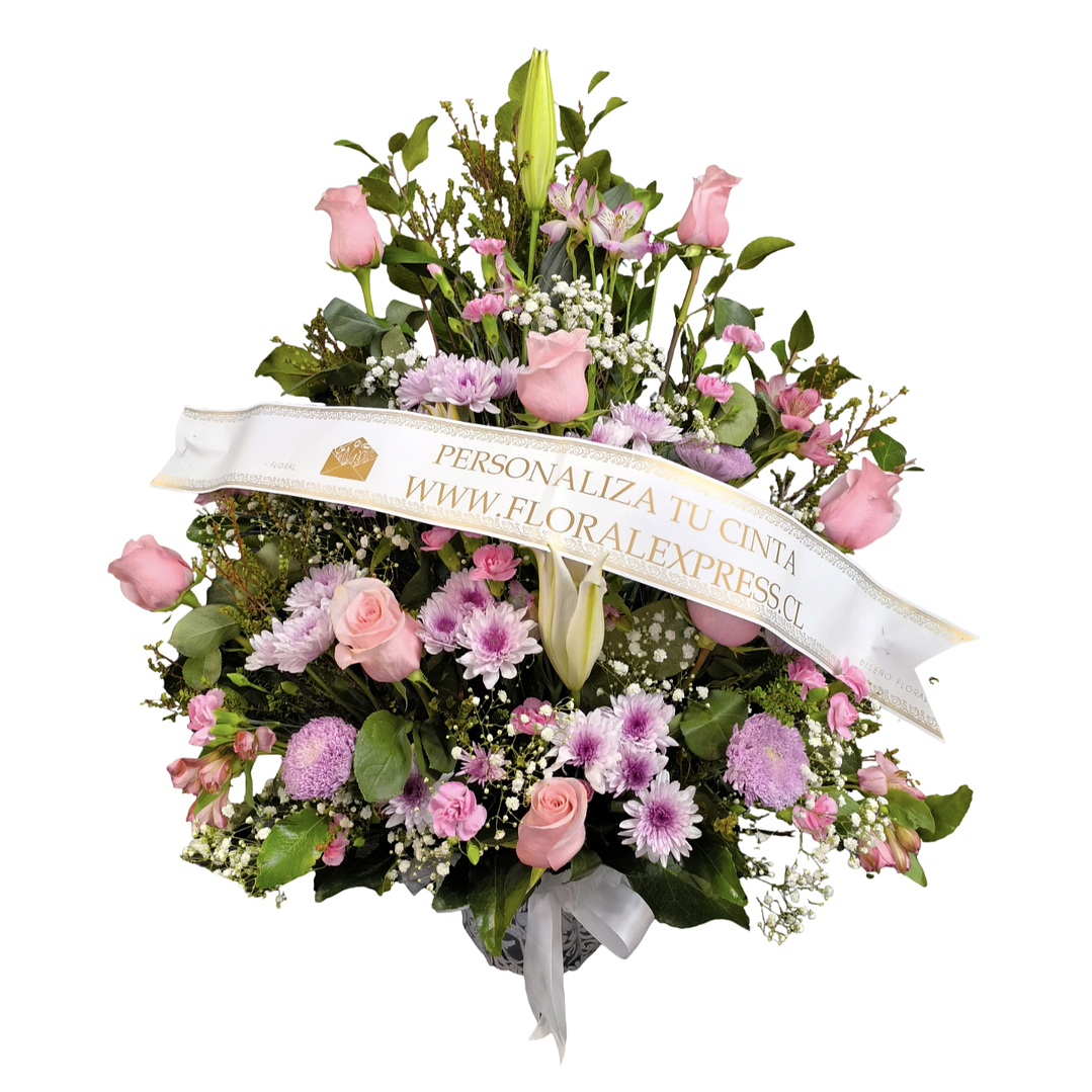 Arrimo mediano rosado de condolencias con cinta personalizada 1