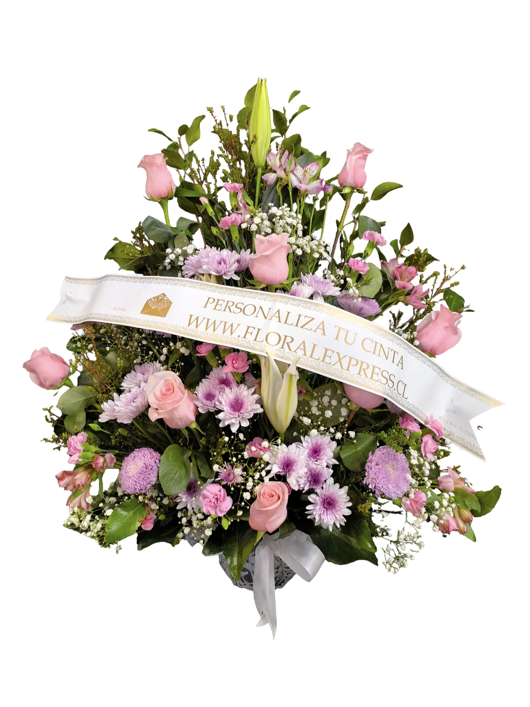 Arrimo mediano rosado de condolencias con cinta personalizada 1