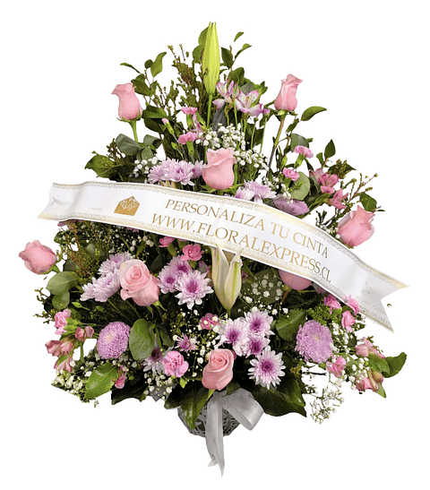 Arrimo mediano rosado de condolencias con cinta personalizada