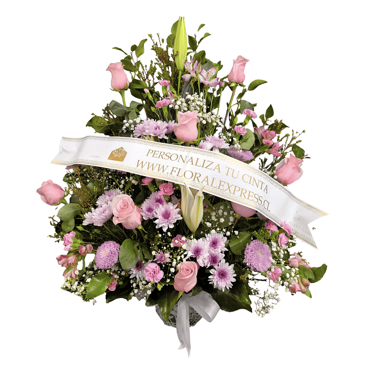 Arrimo mediano rosado de condolencias con cinta personalizada 1