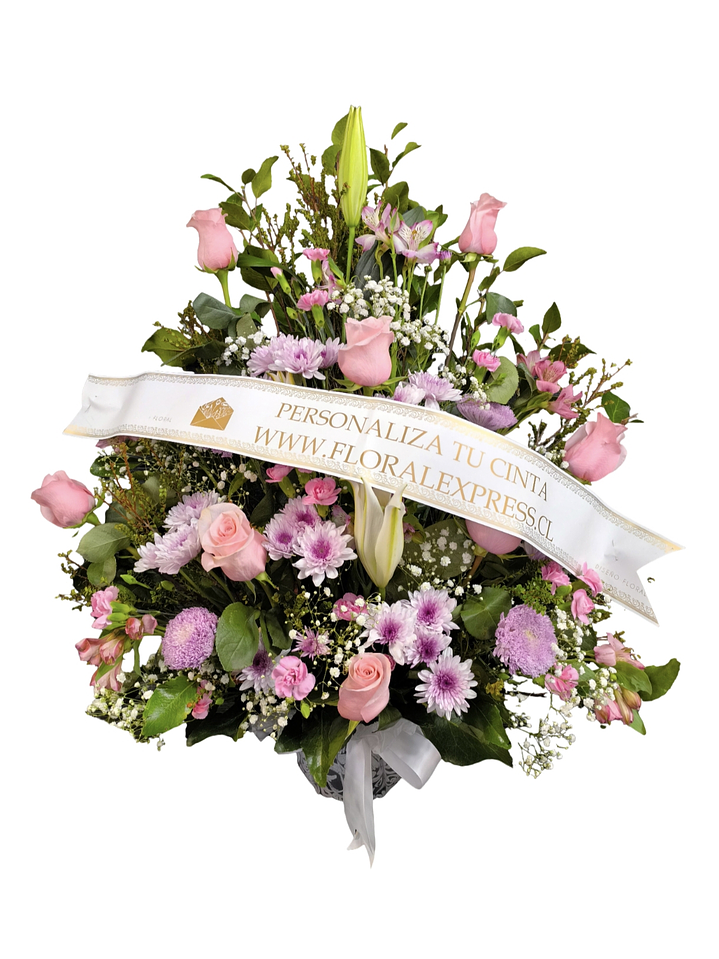 Arrimo mediano rosado de condolencias con cinta personalizada 1