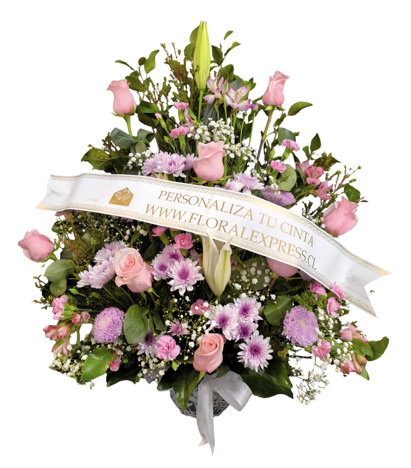 Arrimo mediano rosado de condolencias con cinta personalizada 1