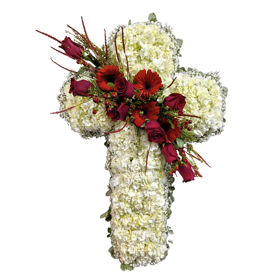 Cruz blanca descanso eterno de hortensias blancas 1