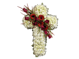 Cruz blanca descanso eterno de hortensias blancas