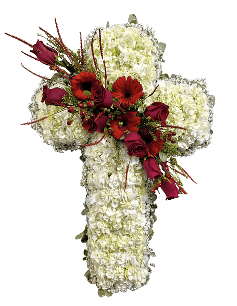 Cruz blanca descanso eterno de hortensias blancas