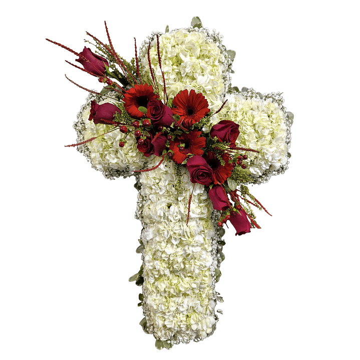 Cruz blanca descanso eterno de hortensias blancas 1