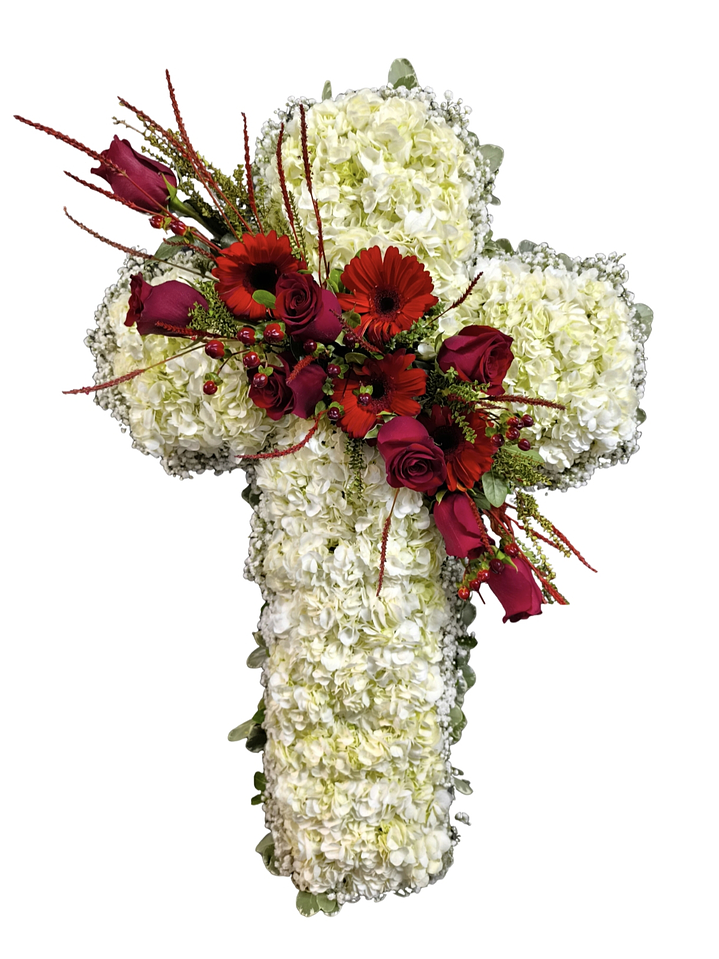 Cruz blanca descanso eterno de hortensias blancas 1